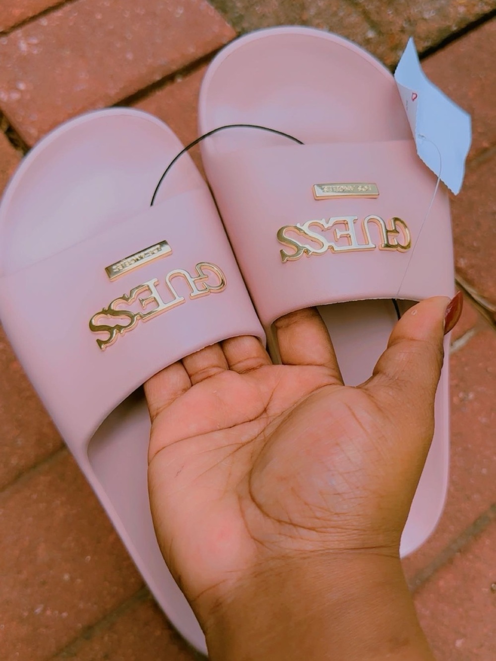 Guess Pink Slide Sandals with Gold Logo Hardware
